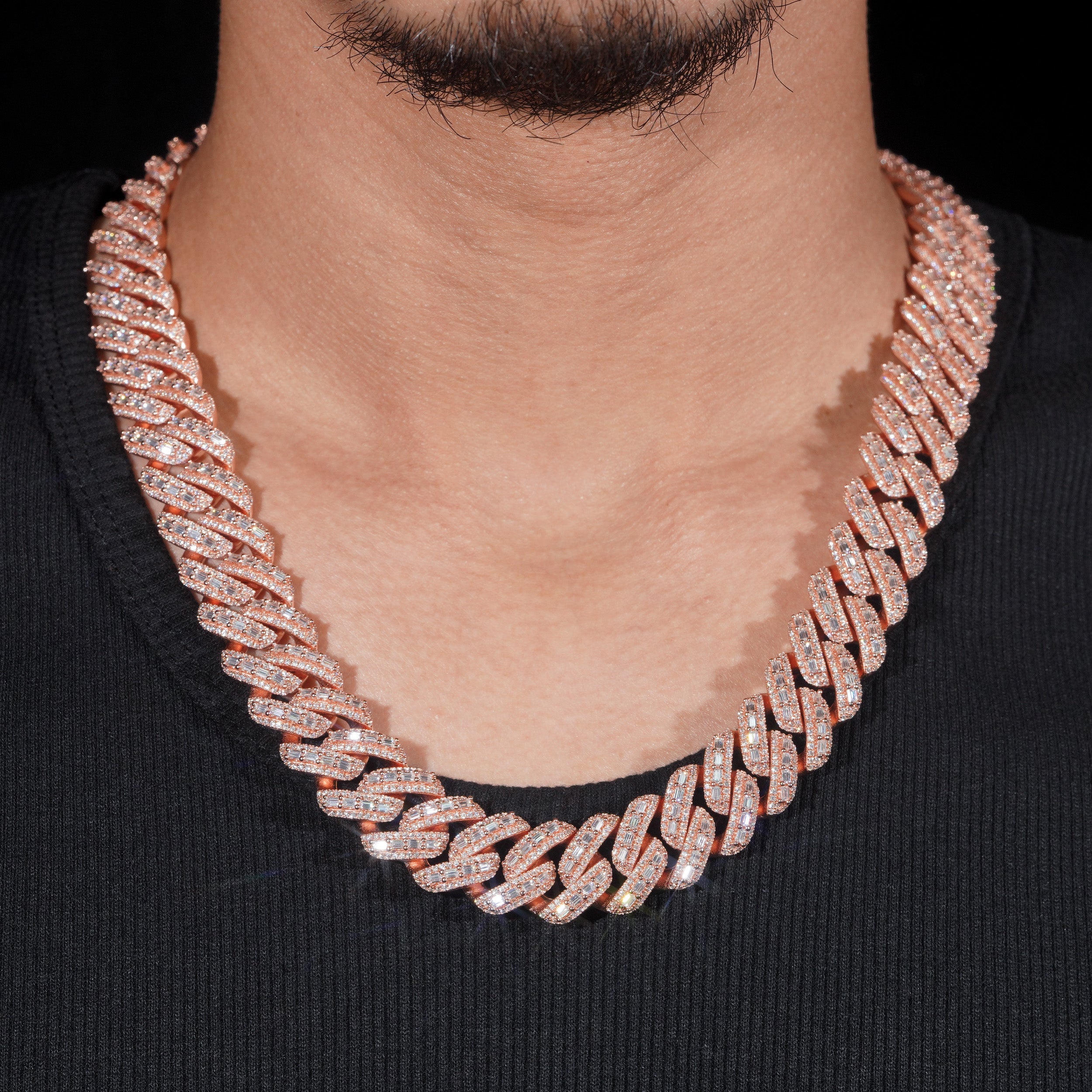 Hip Hop Men Jewelry 18MM VVS Moissanite Diamond Baguette Cut Cuban Link Chain Rose Gold Plated Over 925 Silver