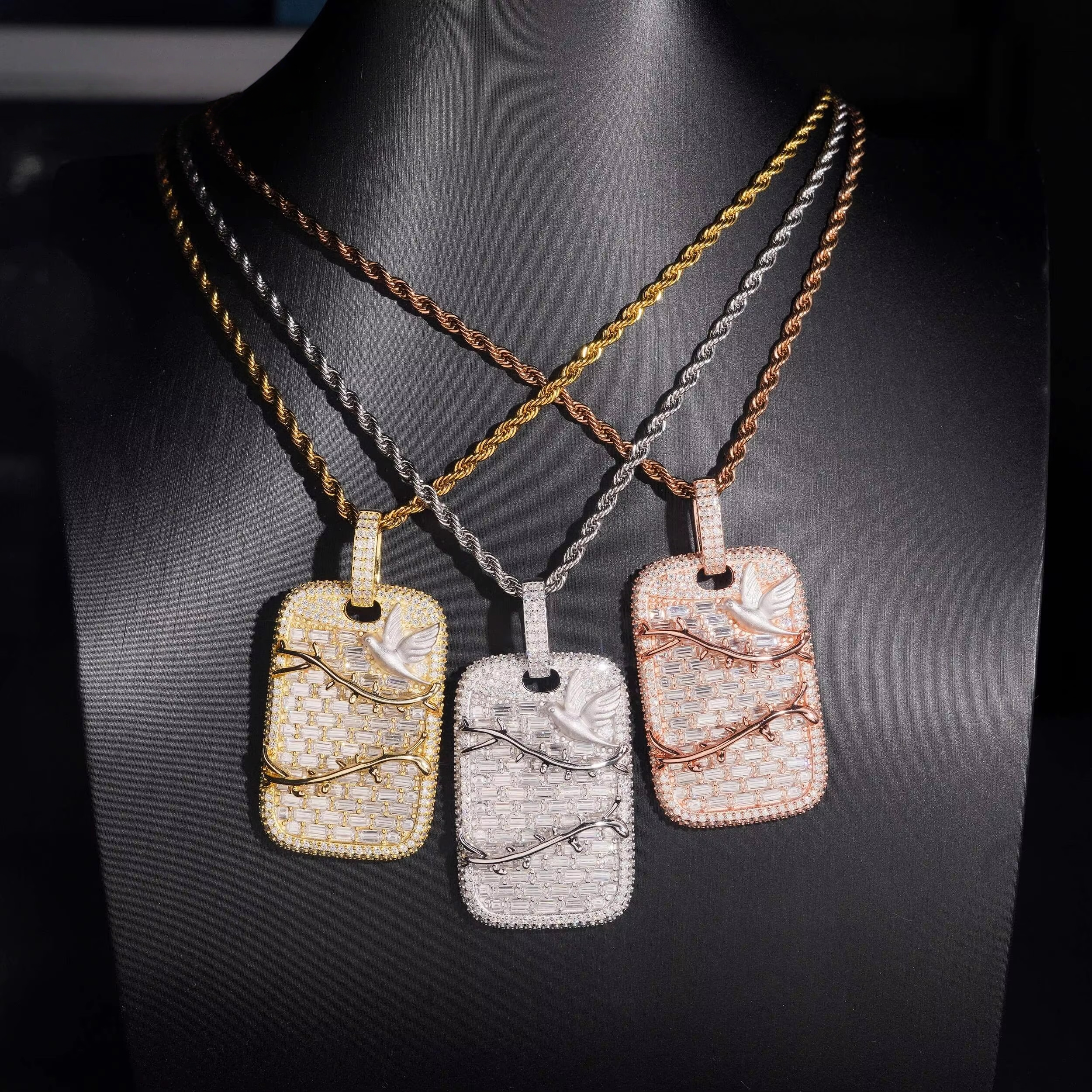 Baguette Cut Moissanite Diamond Dog Tag Pendant With Bird