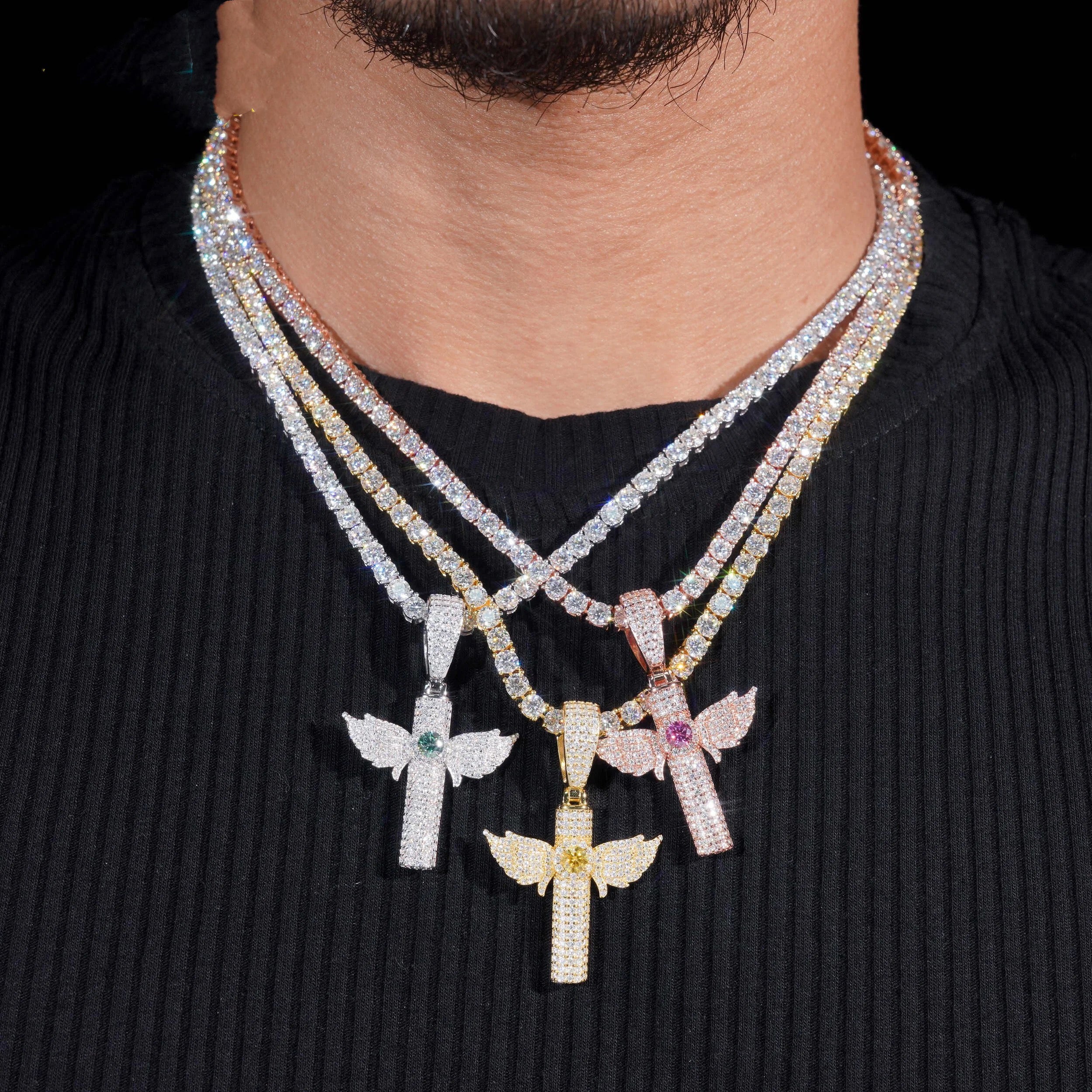 New Arrival Iced Out Wing Cross Pendant With Moissanite Diamond Hip Hop Jewelry