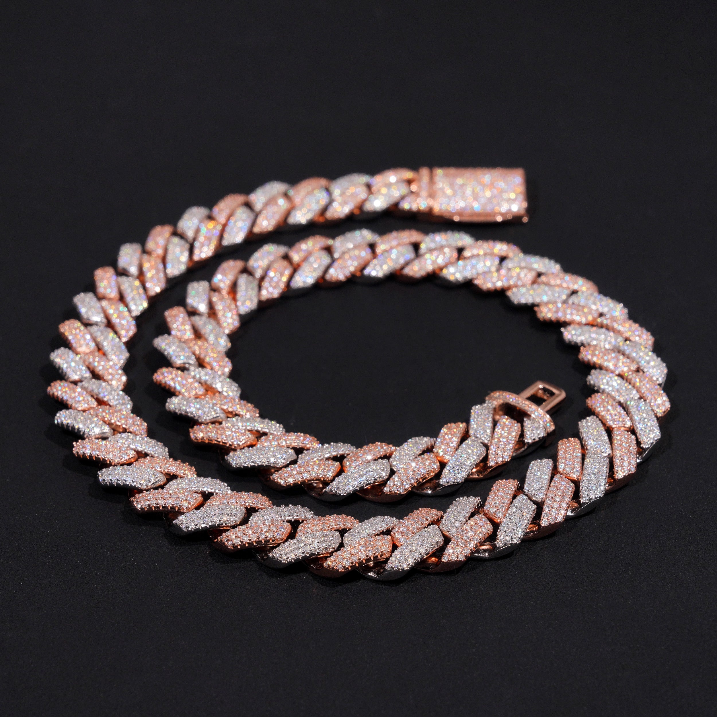 Rose Gold Mix White Gold 14MM Miami Cuban Link Chain Moissanite Diamond Hip Hop