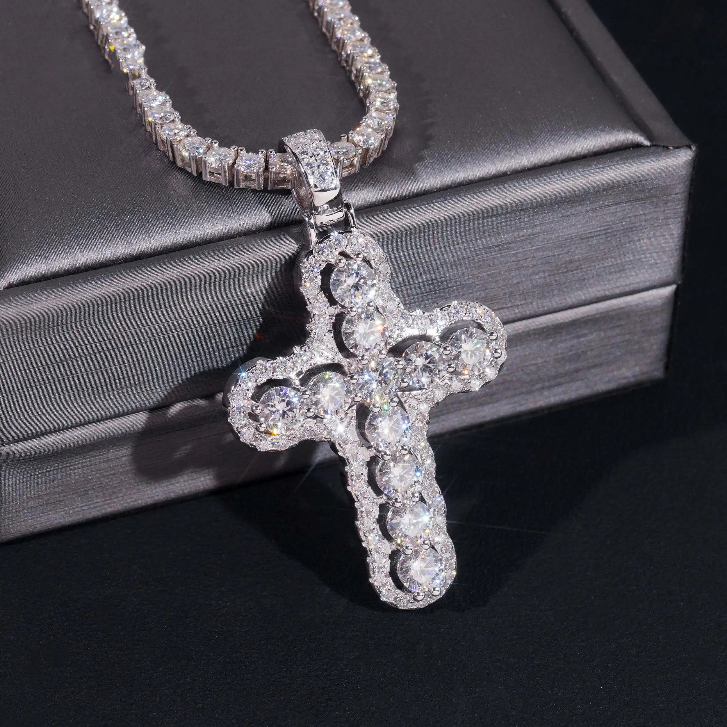 Christmas Edition Color Moissanite Cross Pendant Match 4MM Tennis Chain Iced Out