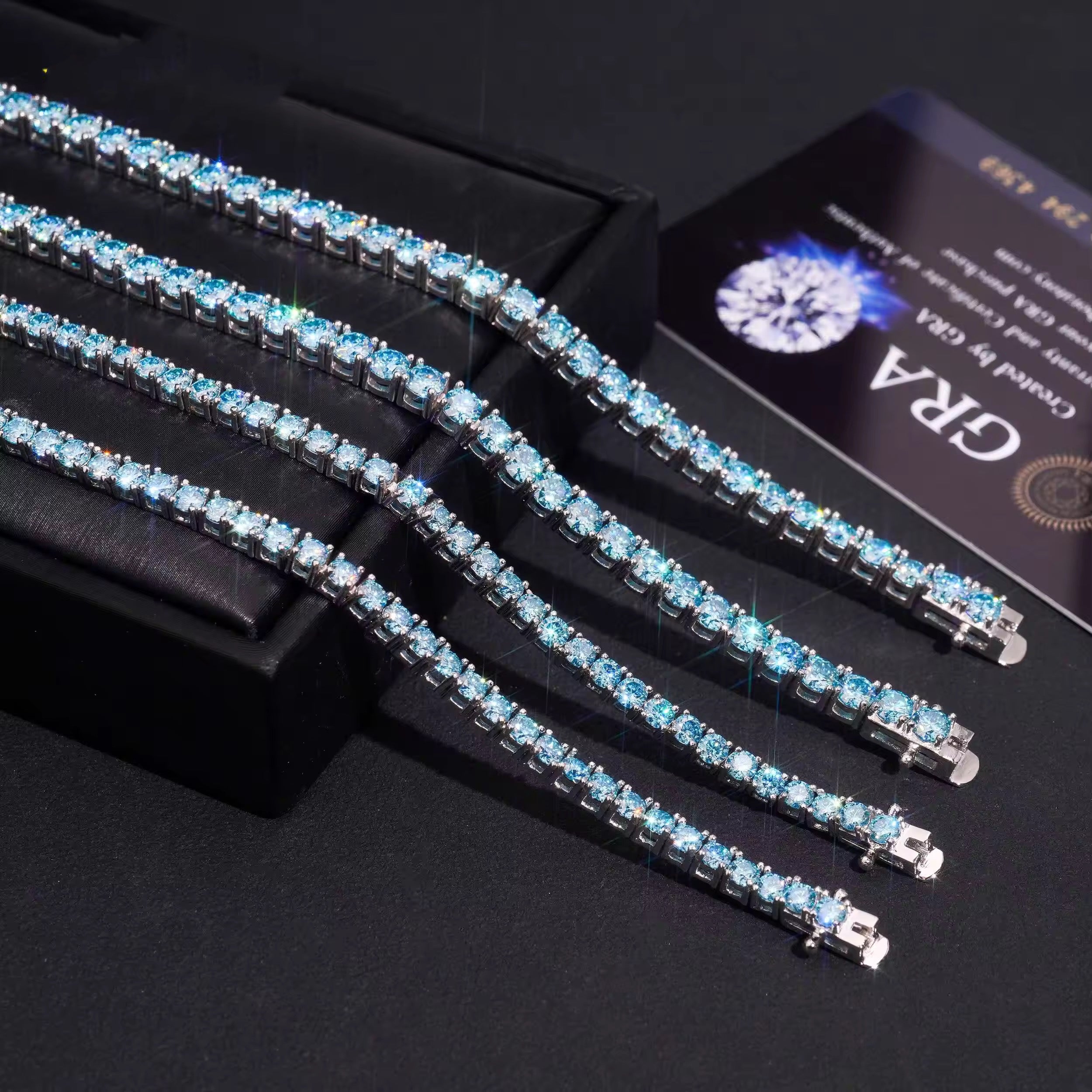 3MM 4MM Aquamarine Blue Moissanite Diamond Tennis Bracelet 925 Silver
