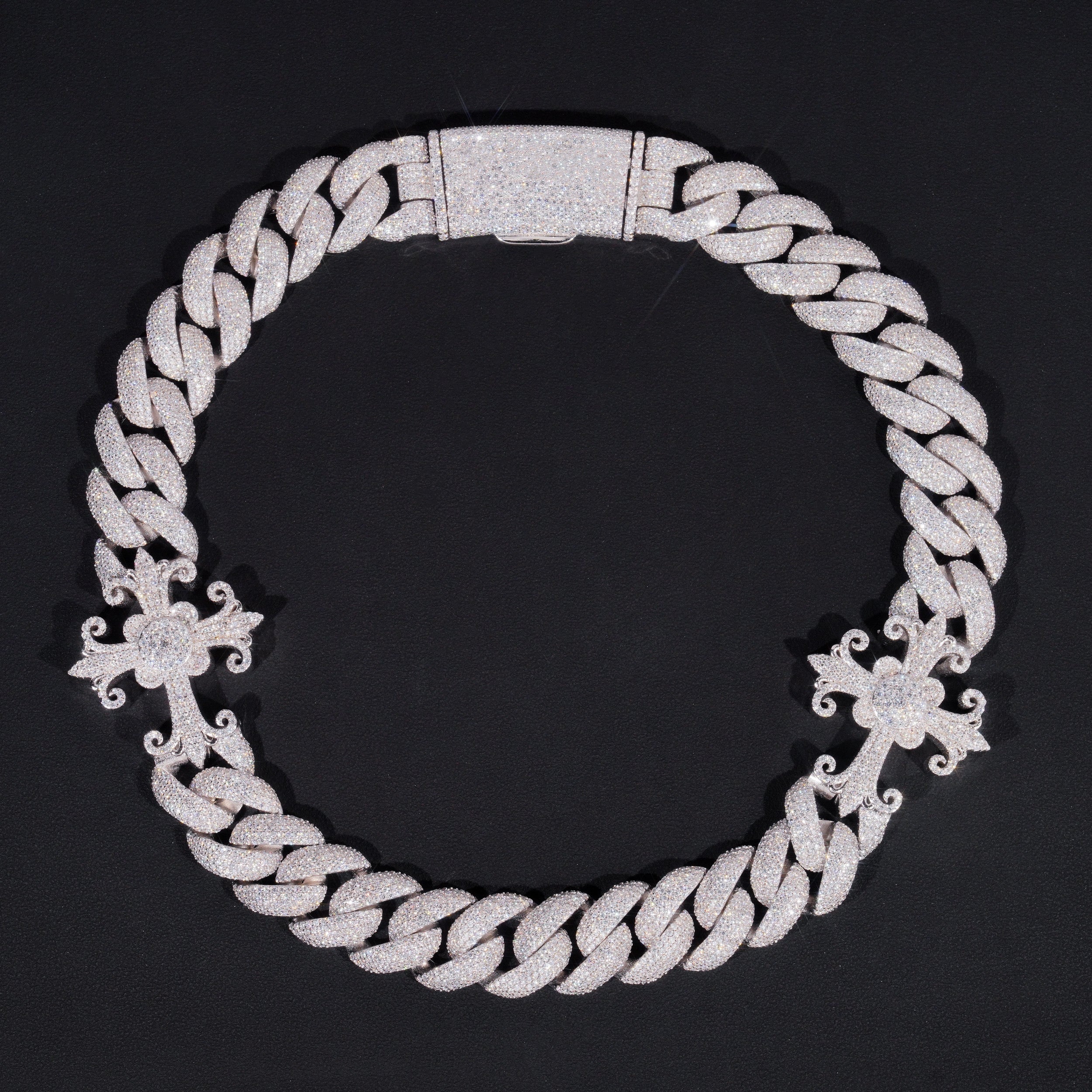 20MM Flower Setting Cuban Link Chain With Cross Charm 925 Silver Hip Hop Chain Jewelry