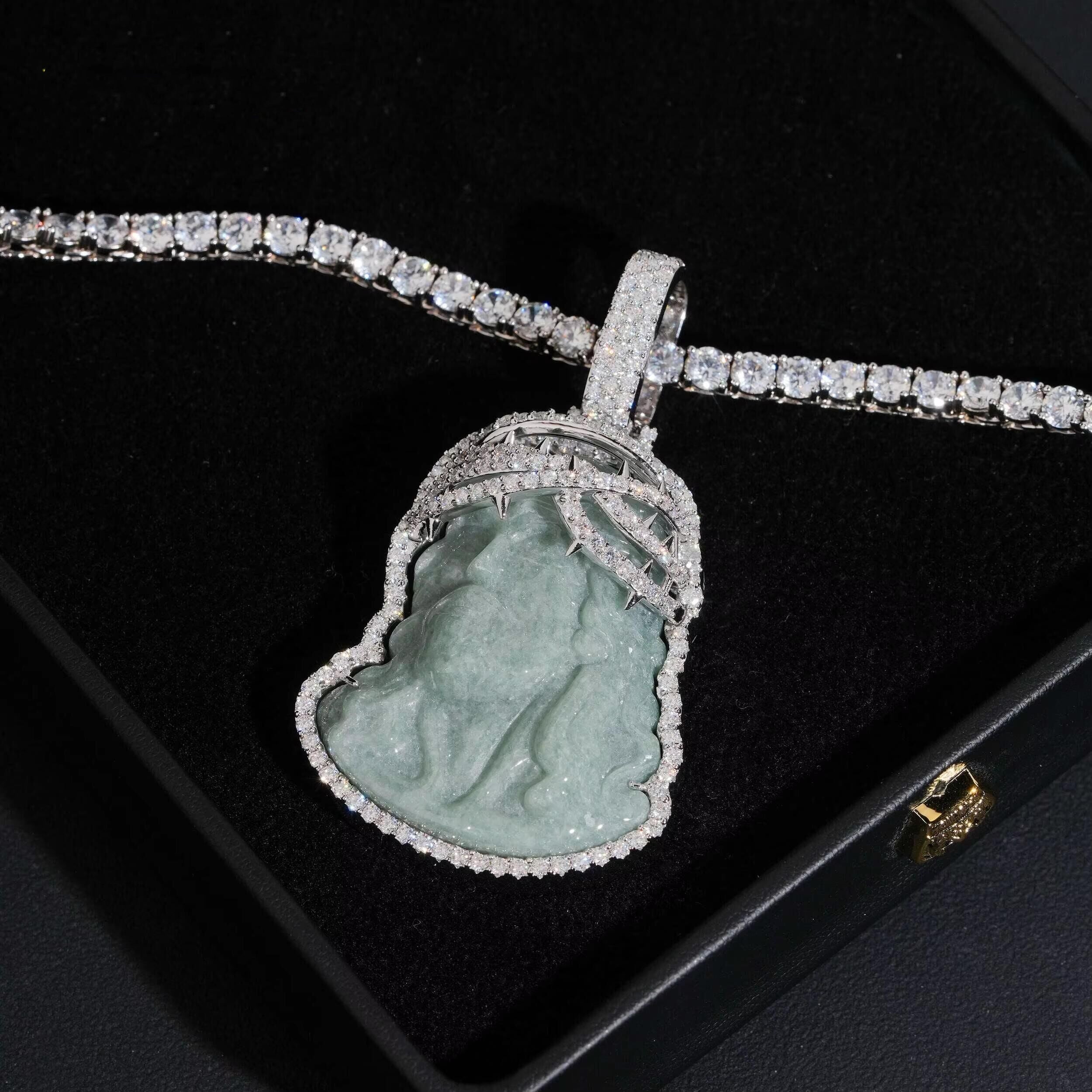 2inch Tall Iced Frame Jade Jesus Pendant Moissanite