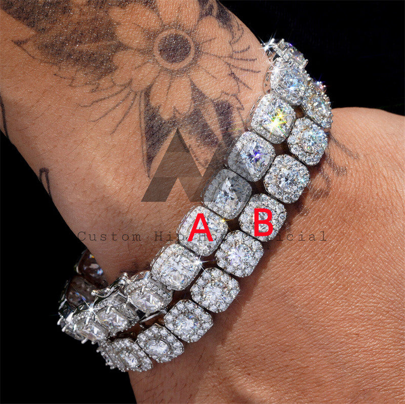 10MM Width Iced Out Halo Style Moissanite Cluster Tennis Bracelet 925 Silver