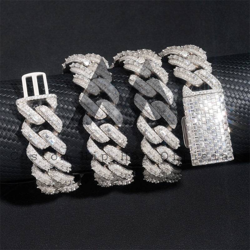 Hip hop jewelry iced out 925 silver 20mm baguette moissanite diamond Cuban link chain necklace for rappers2