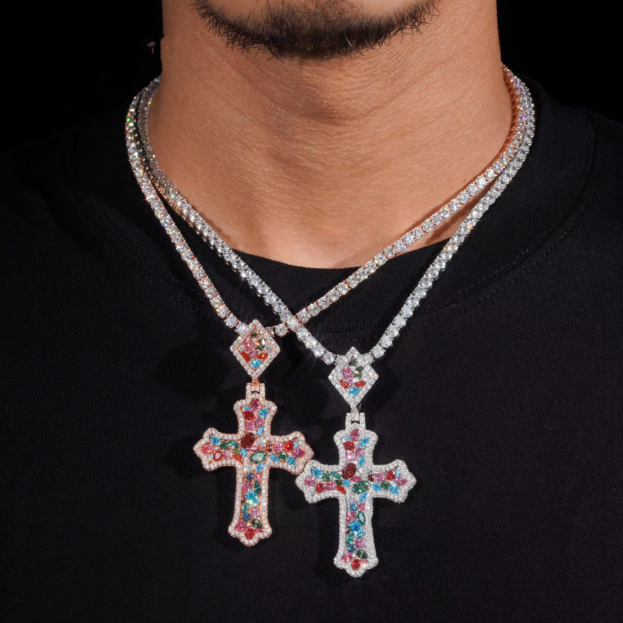 Iced Out 925 Silver Color Moissanite Fancy Cut VVS Cross Pendant Match 10MM Cuban Chain