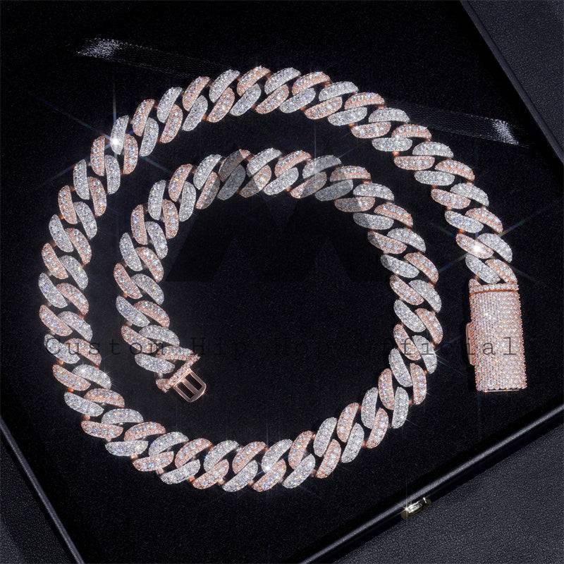 Sterling Silver Iced Out 15MM Three Rows Cuban Link Chain Moissanite Diamond Hip Hop Jewelry