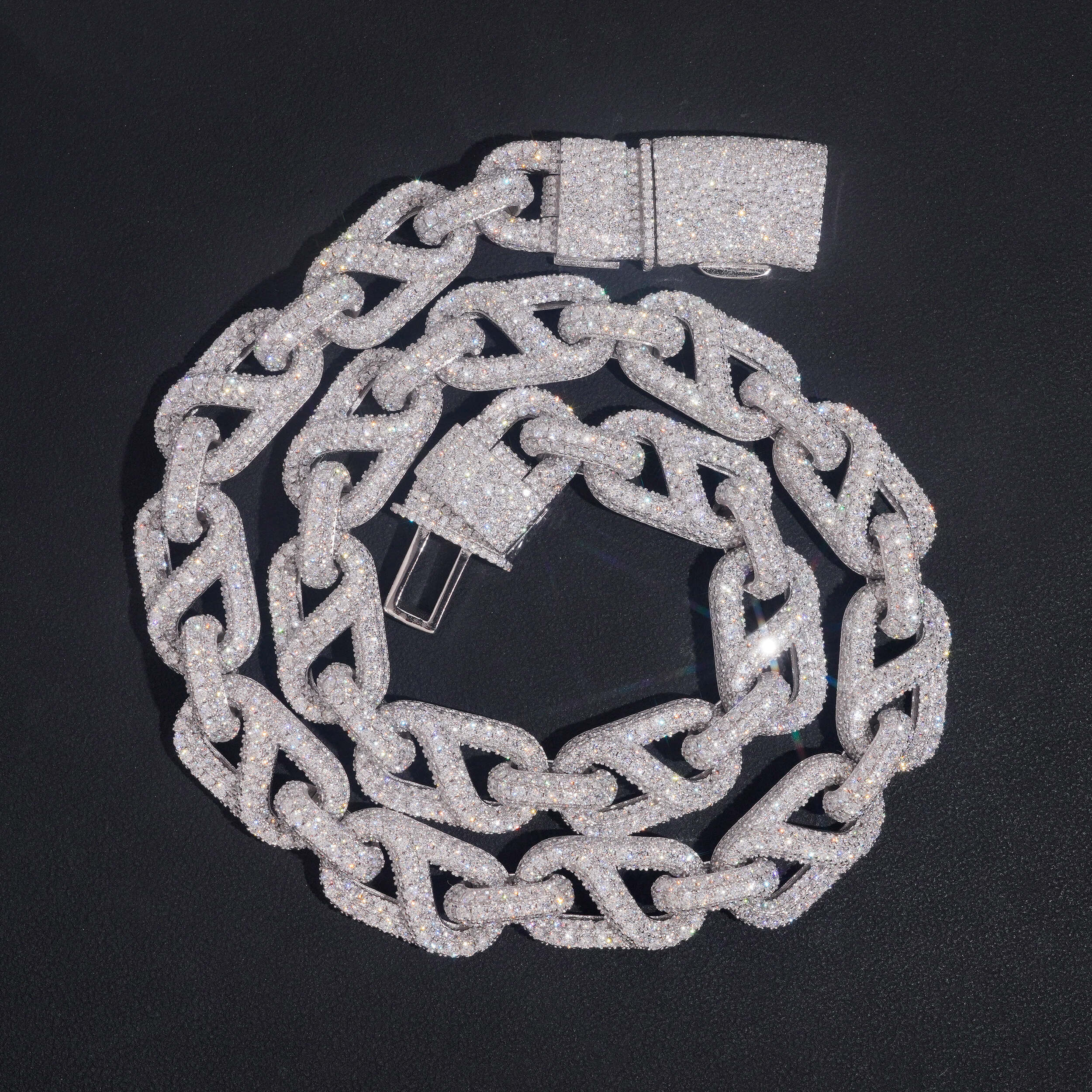 15MM Oval Link VVS Moissanite Diamond Link Chain Necklace With Mosaic Setting New Clasp