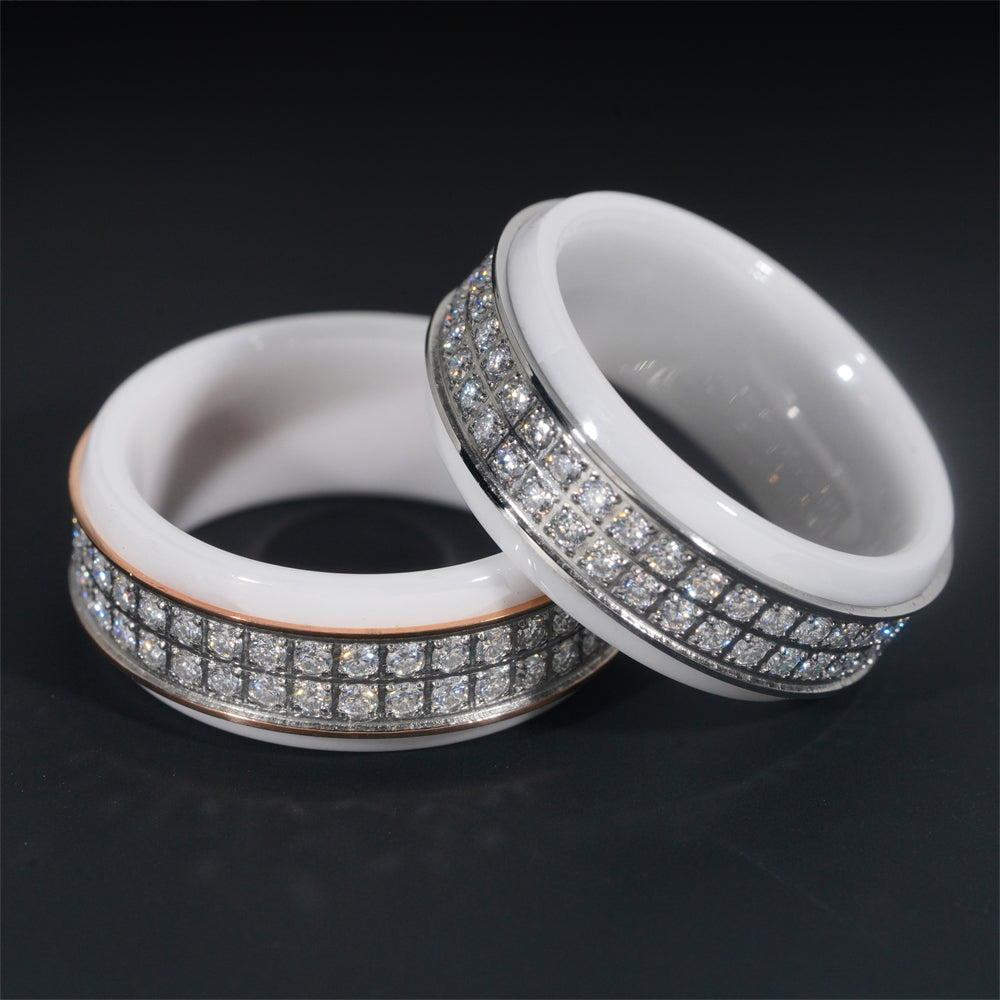 White Ceramic Stainless Steel Moissanite Diamond 2 Rows Eternity Ring Band For Men