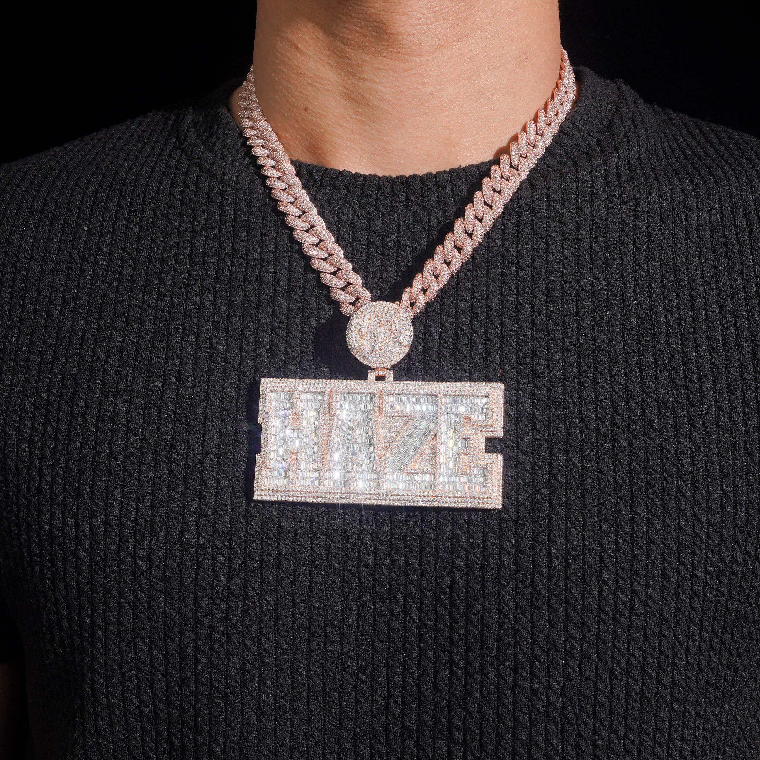 3Inch Width Round Mix Baguette Cut Name Pendant With Photo On Back