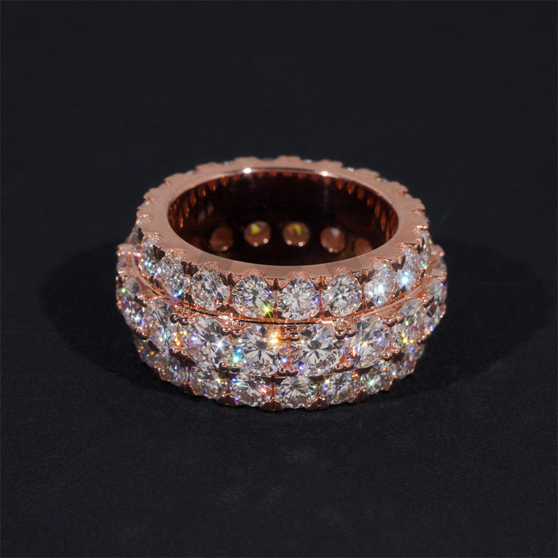 Fully Iced Rose Gold Plated Over 925 Silver VVS D Color Moissanite Eternity Ring 5MM Middle Stones