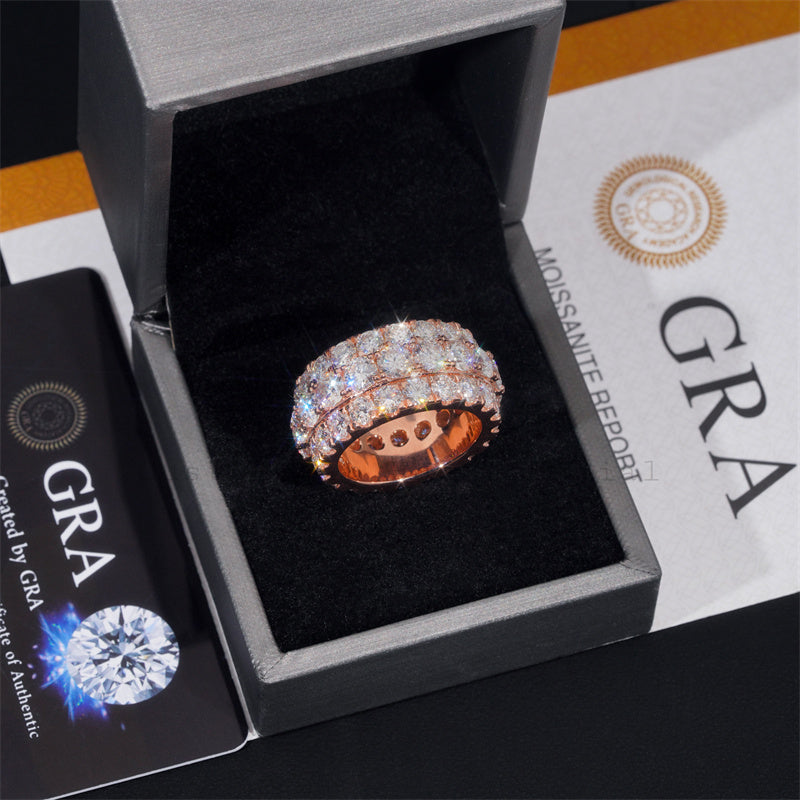 Fully Iced Rose Gold Plated Over 925 Silver VVS D Color Moissanite Eternity Ring 5MM Middle Stones