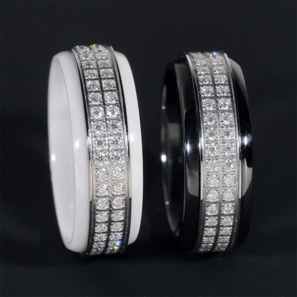 Hot Sell Iced Out White And Black Ceramic Stainless Steel Men Ring Band