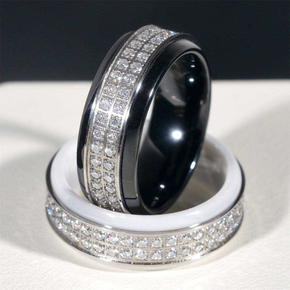 Hot Sell Iced Out White And Black Ceramic Stainless Steel Men Ring Band