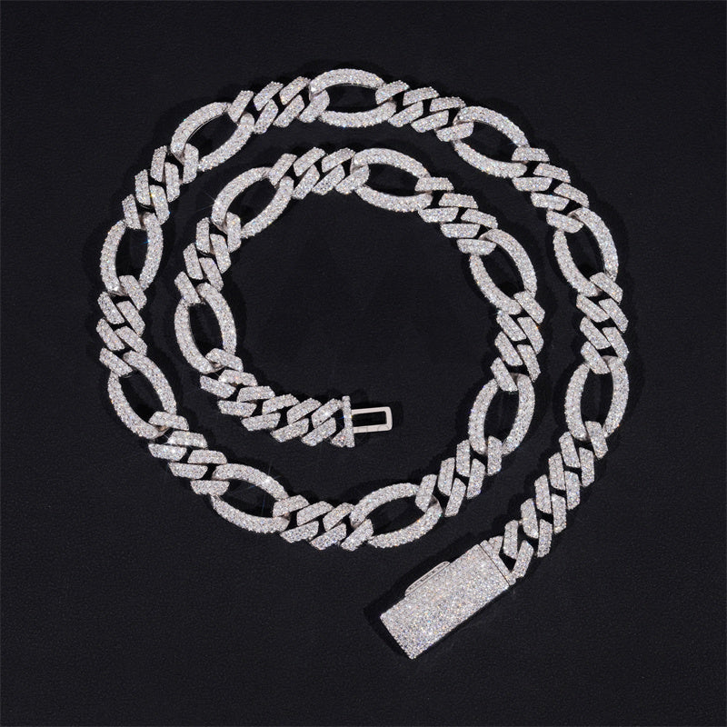 925 Sterling Silver 13MM Iced Out Figaro Link Chain VVS Moissanite Diamond Hip Hop Jewelry