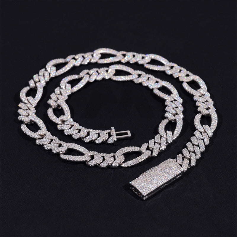 925 Sterling Silver 13MM Iced Out Figaro Link Chain VVS Moissanite Diamond Hip Hop Jewelry