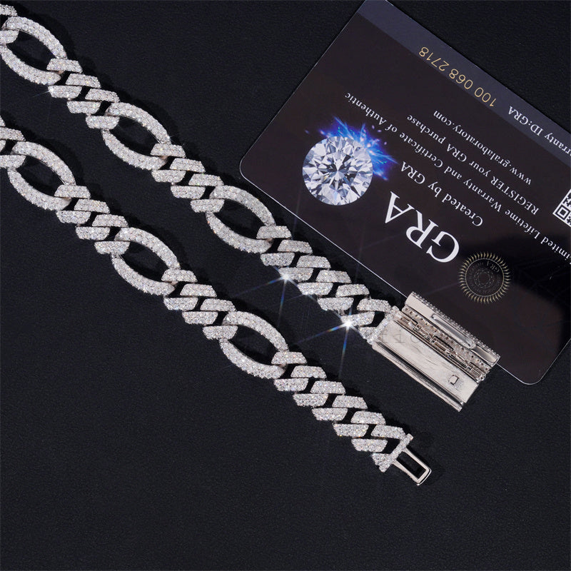 925 Sterling Silver 13MM Iced Out Figaro Link Chain VVS Moissanite Diamond Hip Hop Jewelry