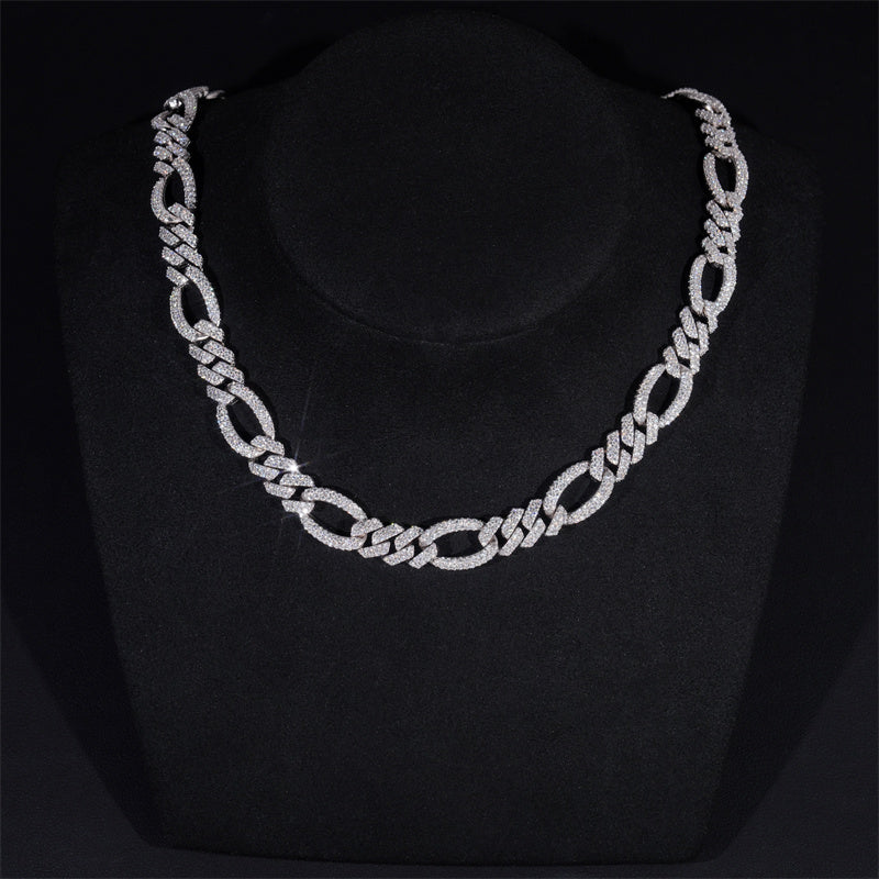 925 Sterling Silver 13MM Iced Out Figaro Link Chain VVS Moissanite Diamond Hip Hop Jewelry