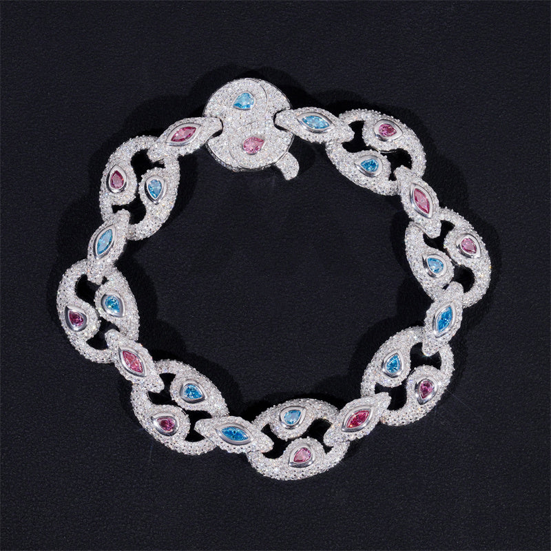 Solid Silver 18MM VVS Moissanite Yin Yang Link Iced Out Moissanite Hip Hop Jewelry Bracelet