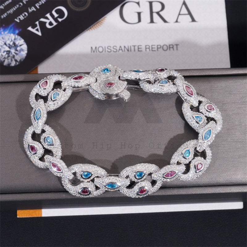 Solid Silver 18MM VVS Moissanite Yin Yang Link Iced Out Moissanite Hip Hop Jewelry Bracelet