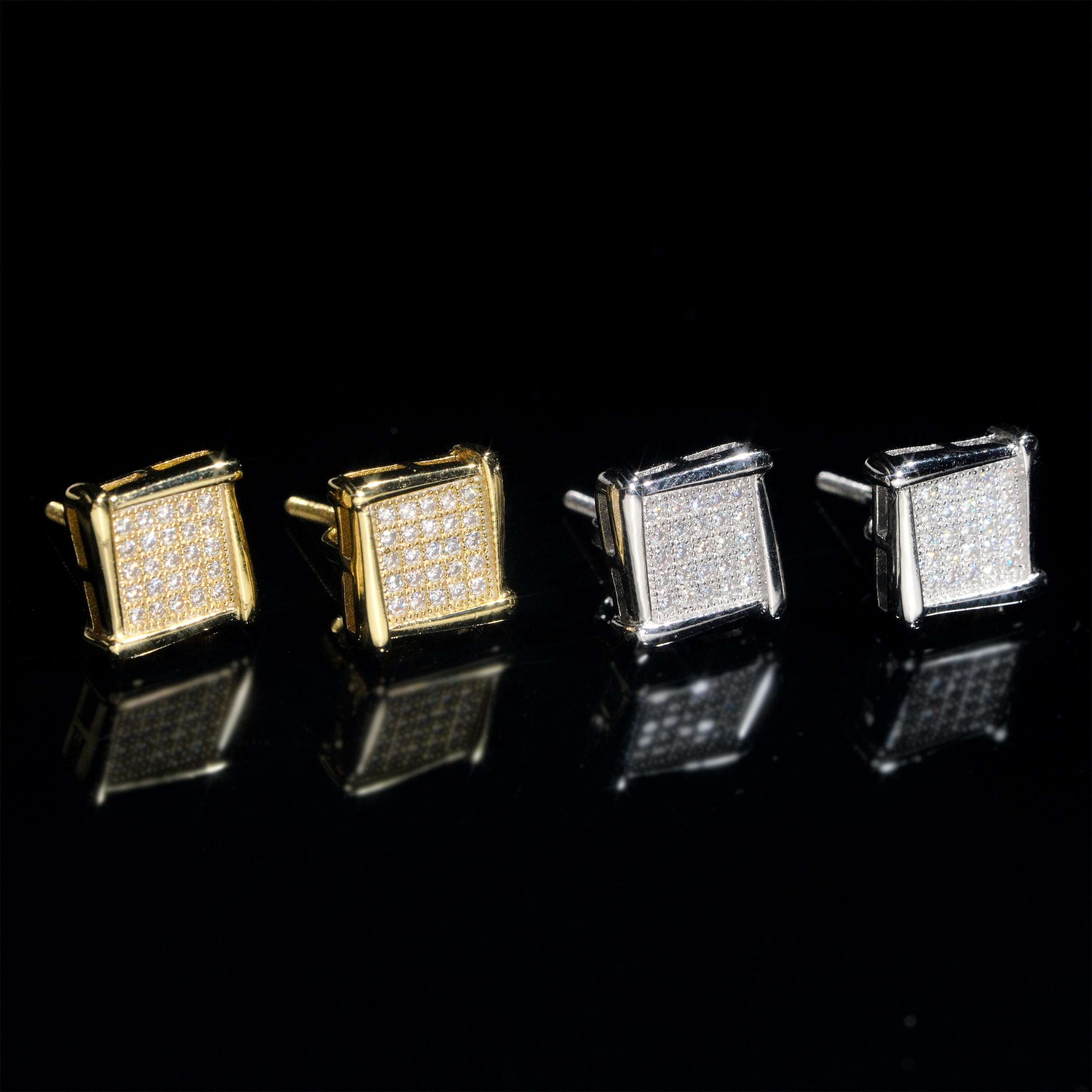 Men's Silver Square Kite Stud Earrings, Screw Back Hip Hop Jewelry