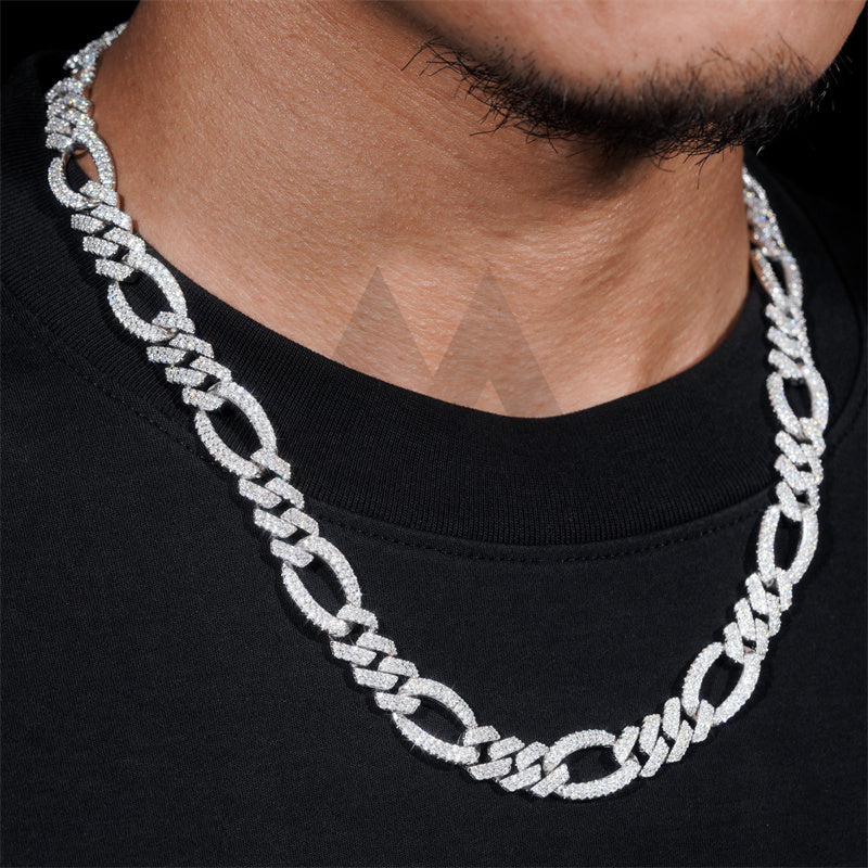 925 Sterling Silver 13MM Iced Out Figaro Link Chain VVS Moissanite Diamond Hip Hop Jewelry