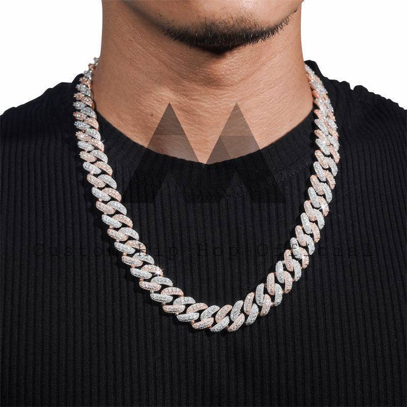 Sterling Silver Iced Out 15MM Three Rows Cuban Link Chain Moissanite Diamond Hip Hop Jewelry