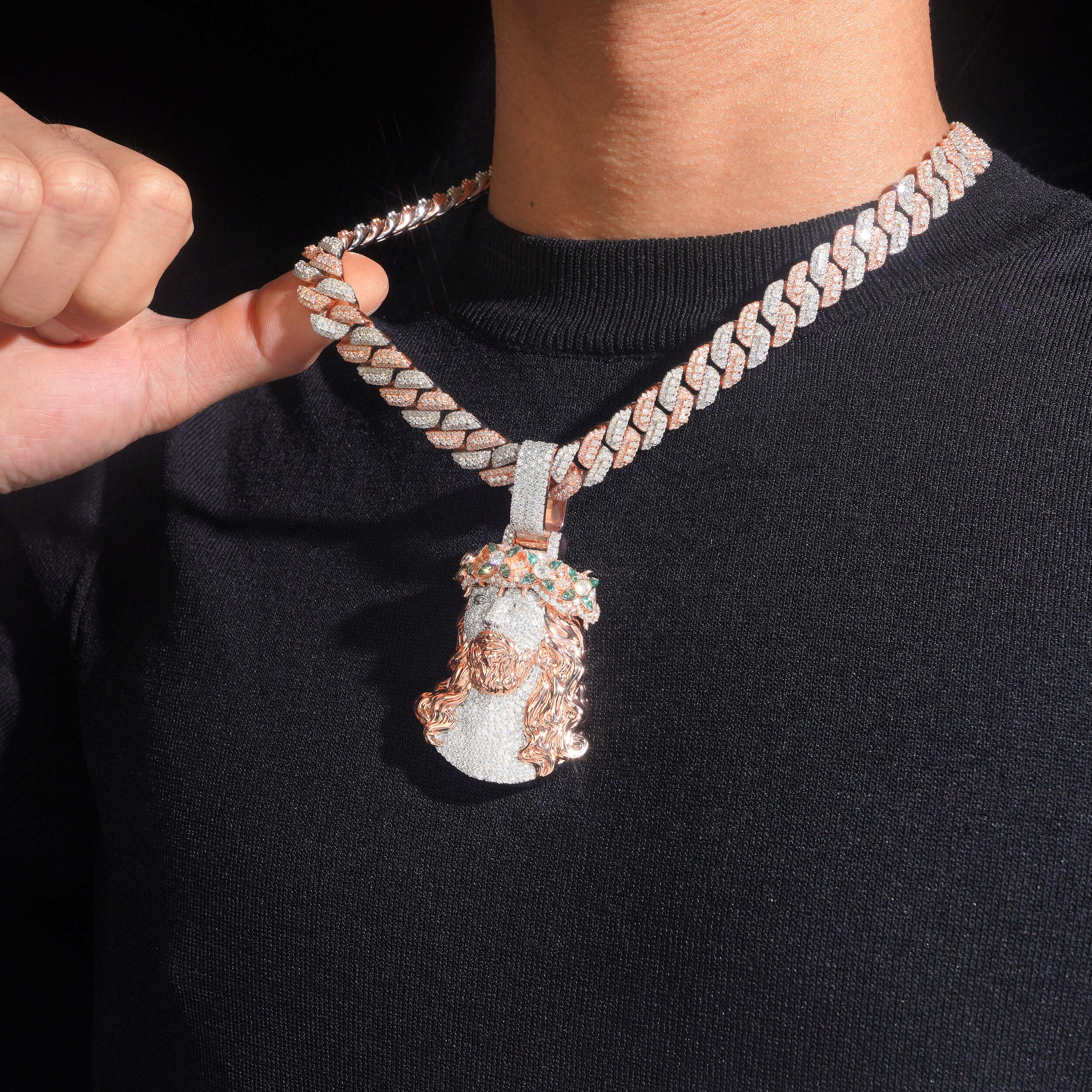 Rose Gold Two Tone Jesus Pendant With 13MM Cuban Link Chain VVS Moissanite