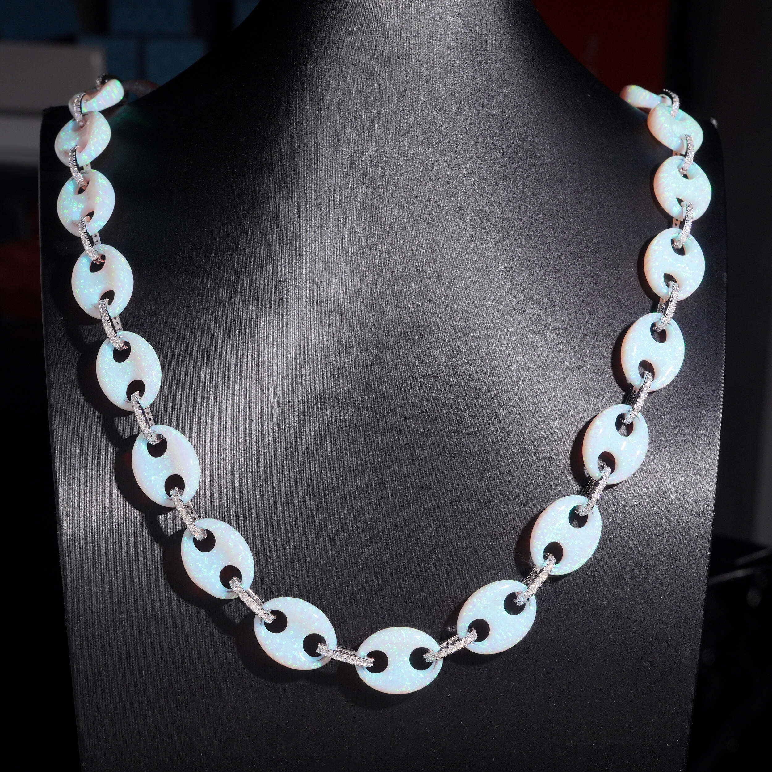 Custom Made 15MM Width Gucci Link Mariner Opal Mix Moissanite Diamond Necklace