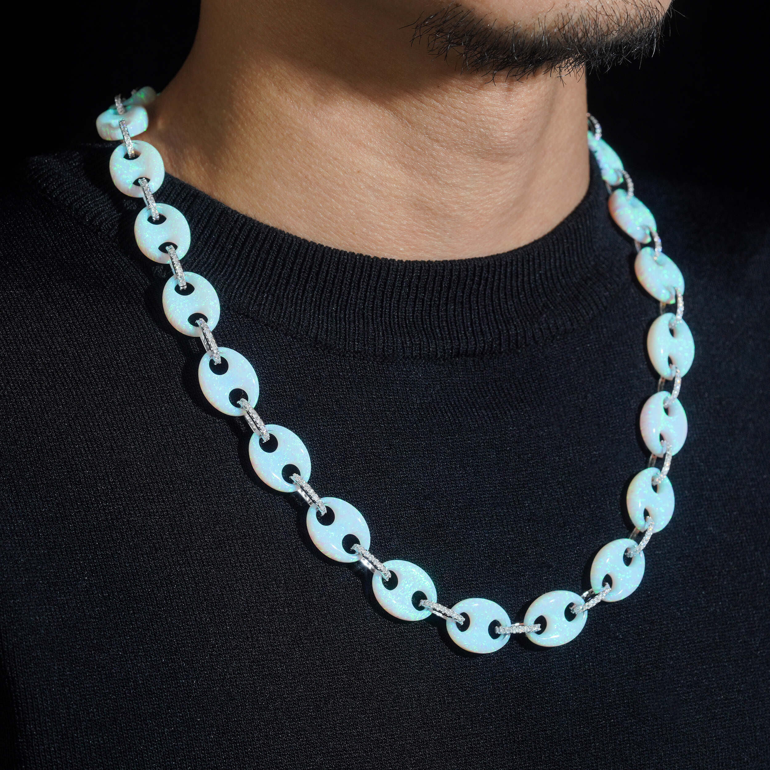 Custom Made 15MM Width Gucci Link Mariner Opal Mix Moissanite Diamond Necklace