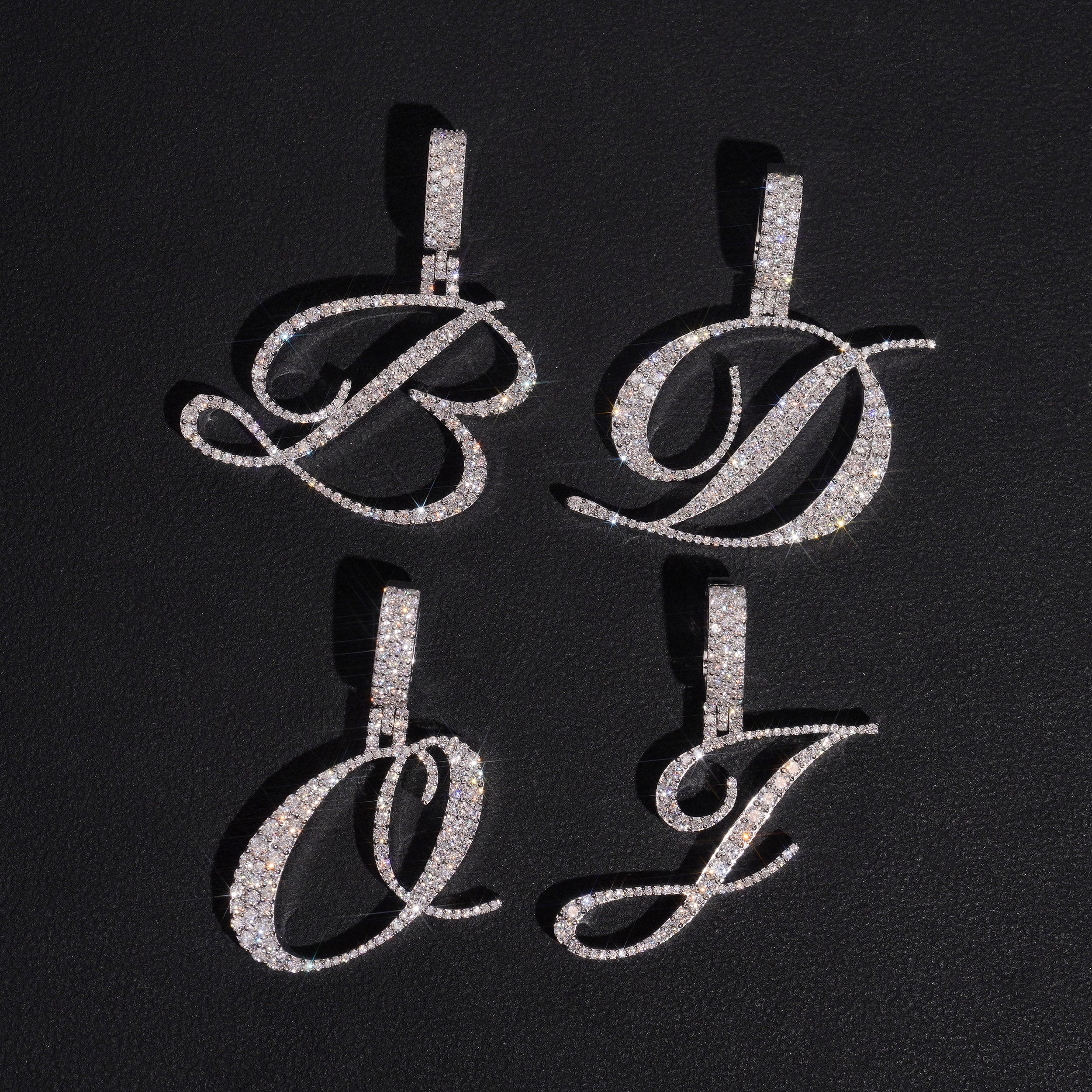 Cursive Font Initial Letter Pendant Silver 925 Moissanite Diamond