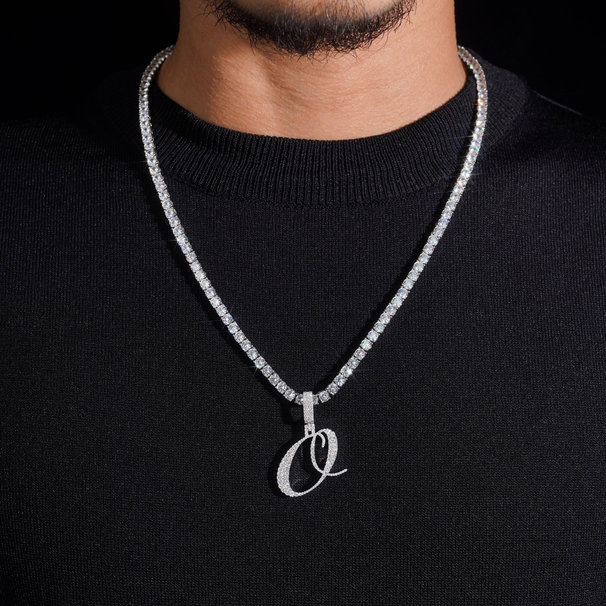 Cursive Font Initial Letter Pendant Silver 925 Moissanite Diamond