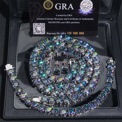 Pass diamante tester 925 prata arco-íris topázio cor revestido 8mm conjunto de corrente de tênis moissanite com brincos de 7mm