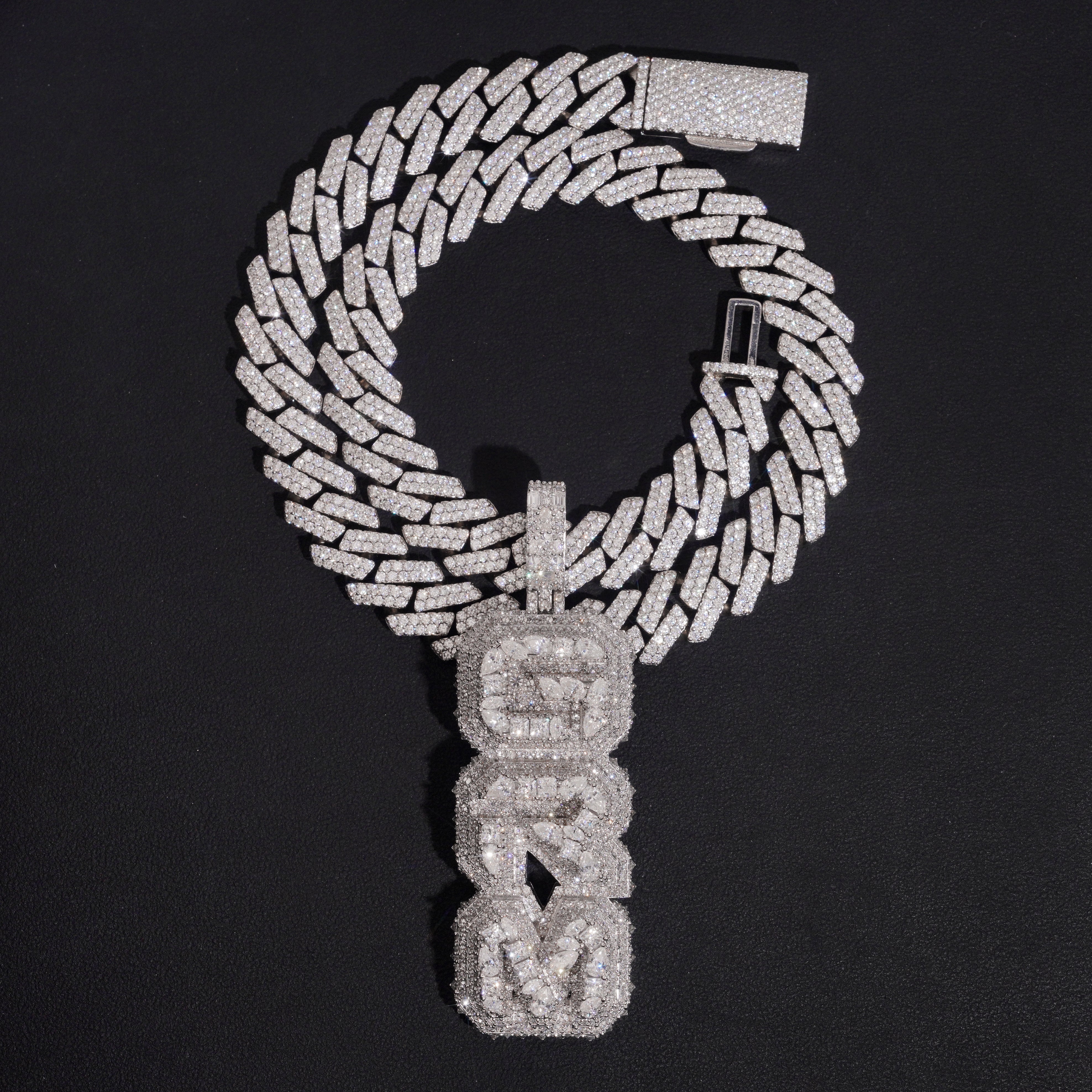 Custom Made Fancy Cut Moissanite Diamond Vertical Name Pendant