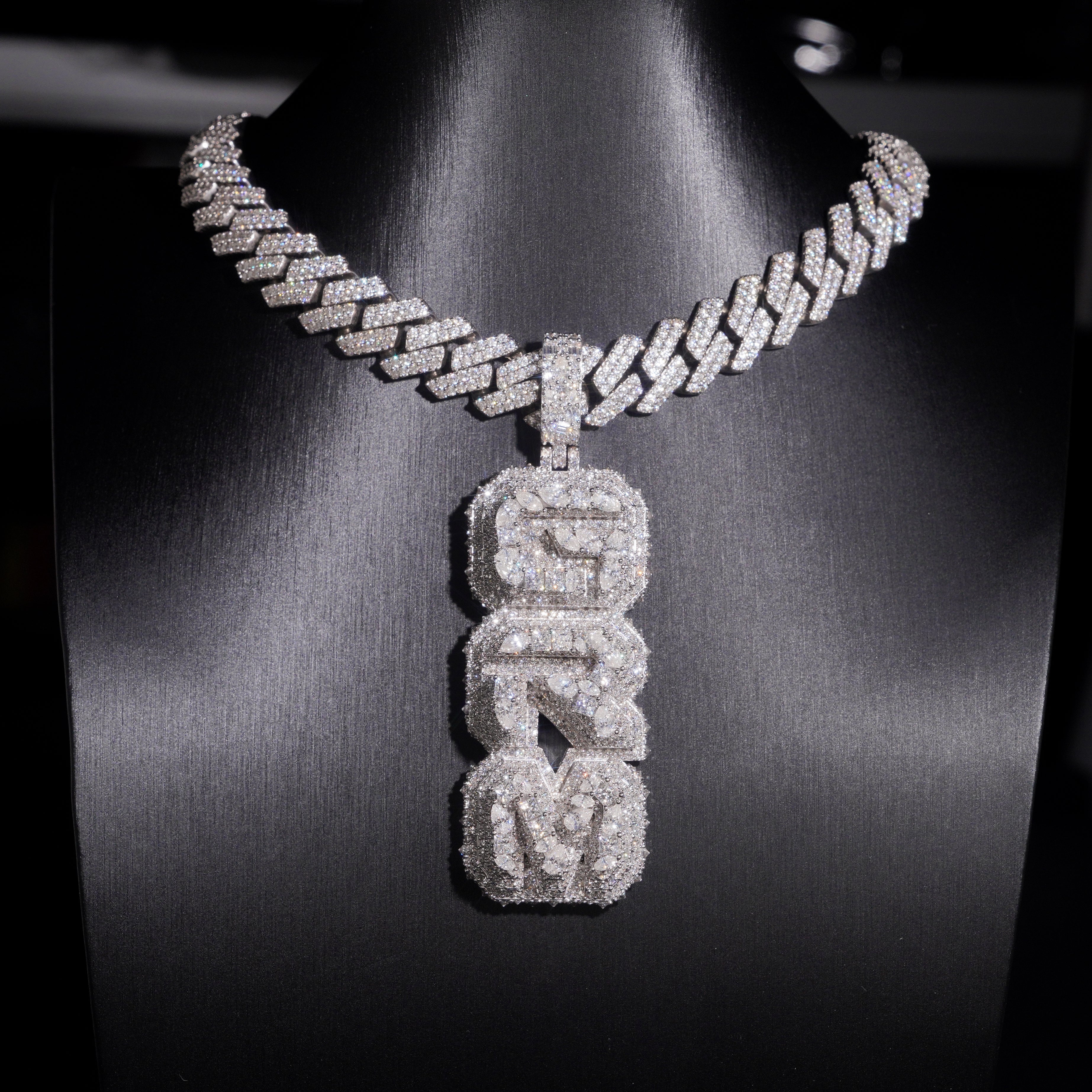Custom Made Fancy Cut Moissanite Diamond Vertical Name Pendant