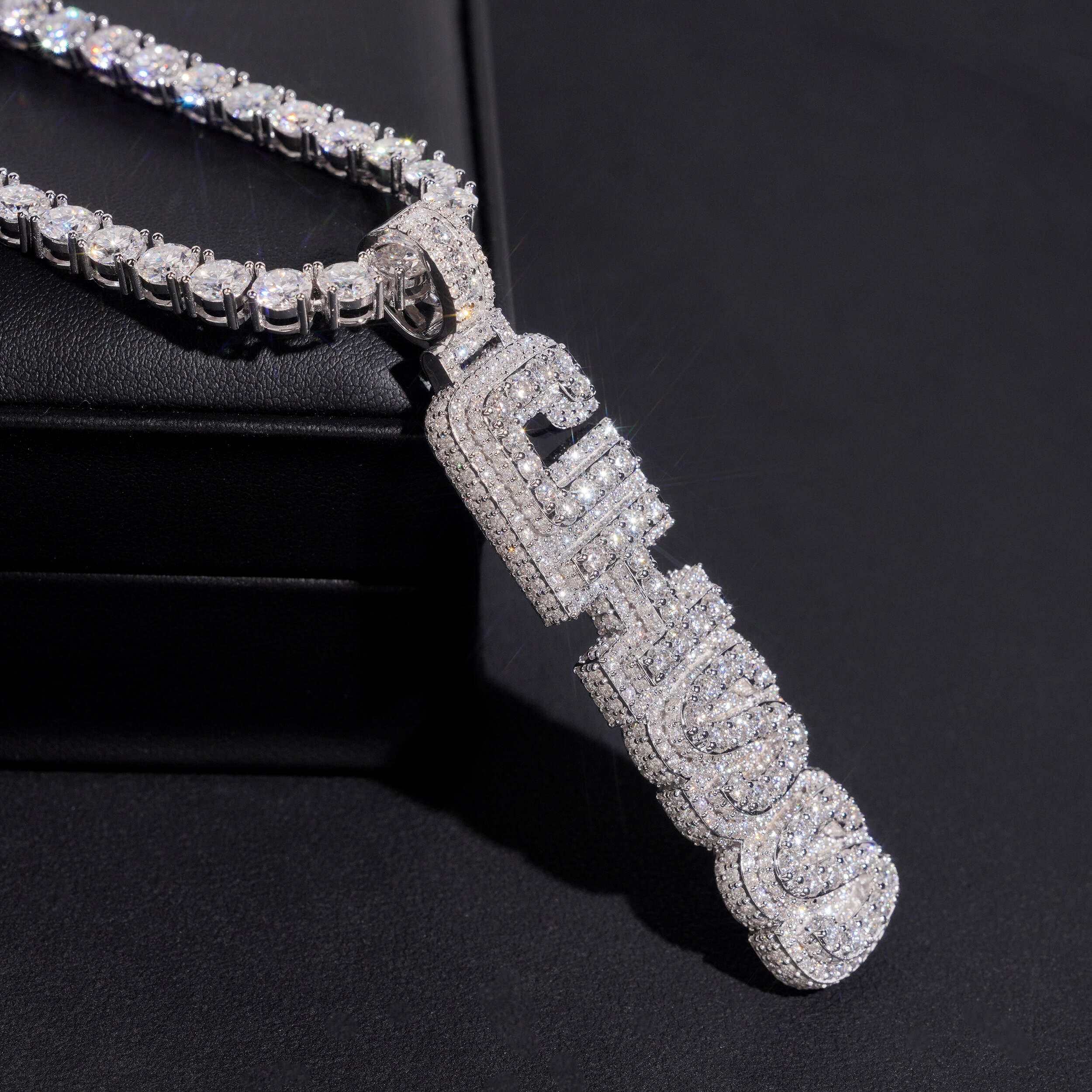 Iced Out Solid Silver VVS Moissanite Custom Made Vertical Name Pendant