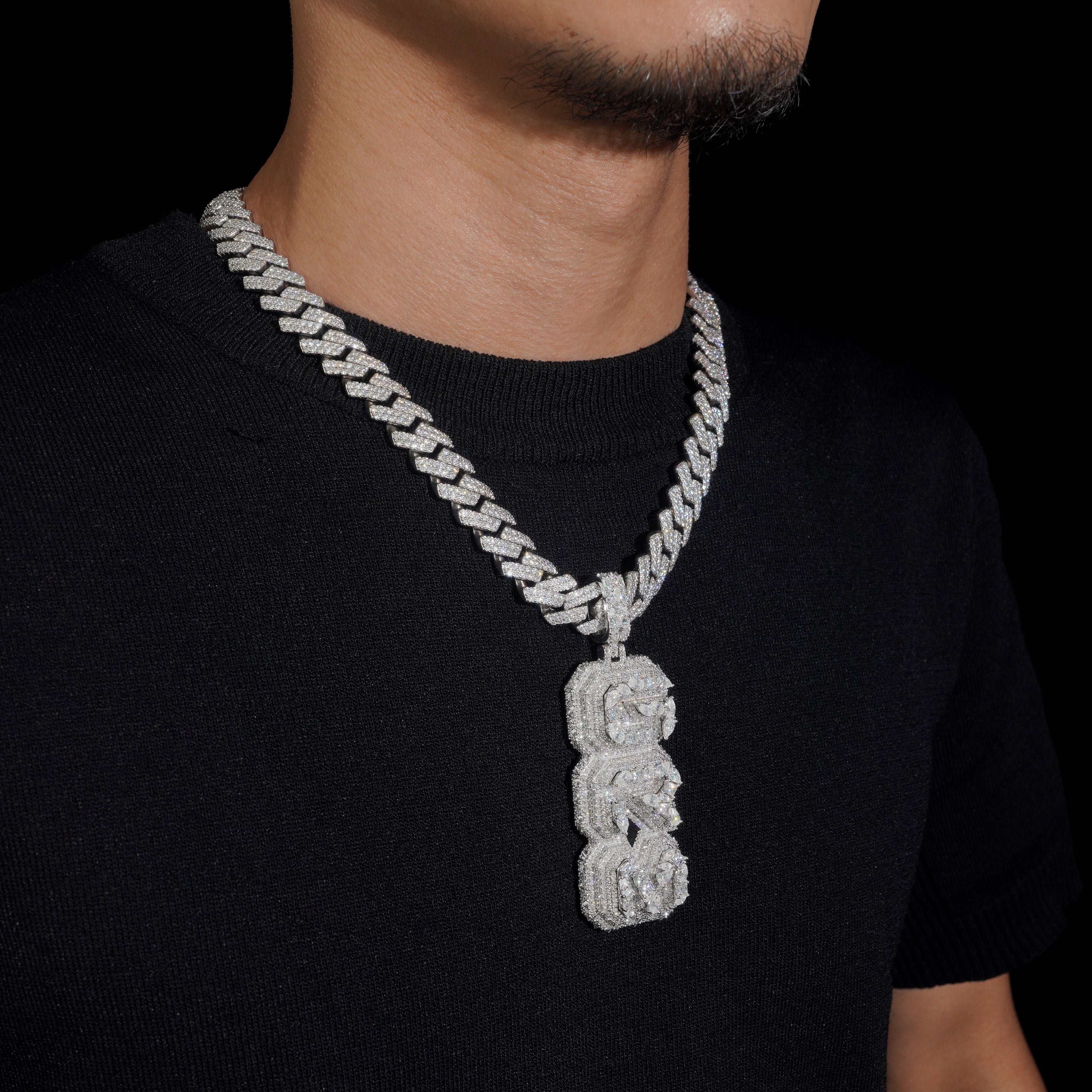 Custom Made Fancy Cut Moissanite Diamond Vertical Name Pendant