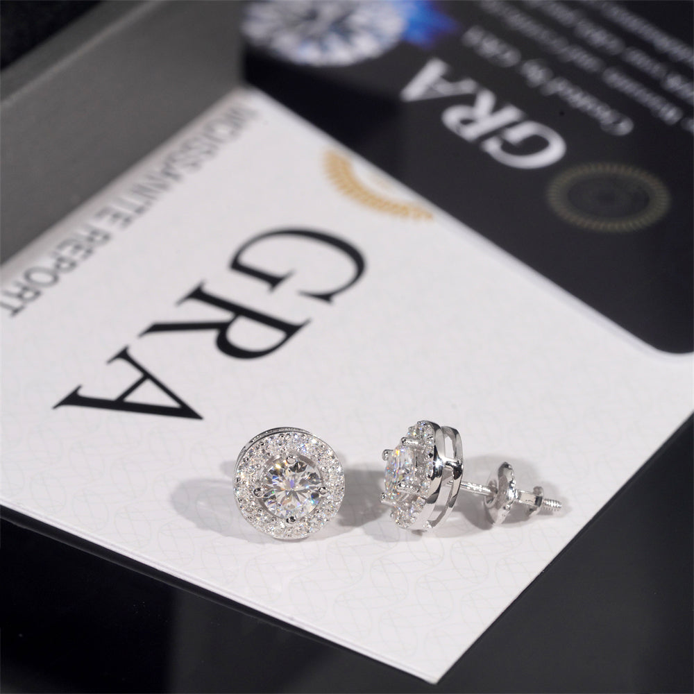 925 Silver Men Fashion Halo Diamond Style Moissanite Earrings Screw Back