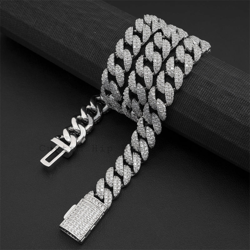 14MM Doule Rows Round LInk Miami Cuban Link Chain VVS Moissanite 925 Silver