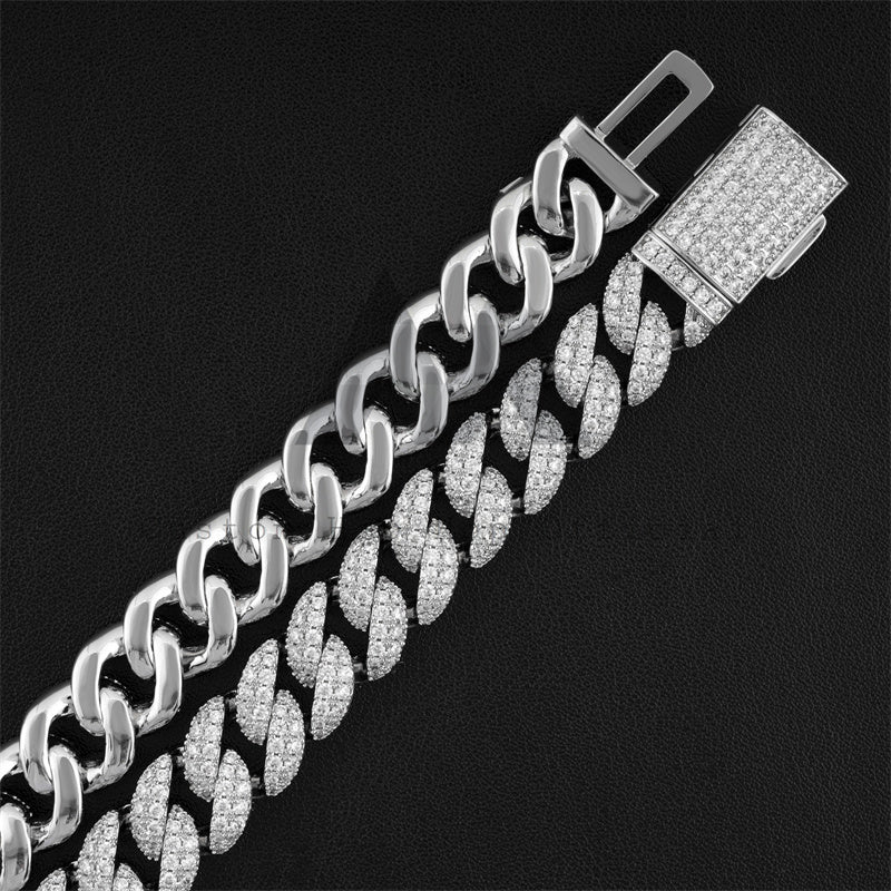 14MM Doule Rows Round LInk Miami Cuban Link Chain VVS Moissanite 925 Silver