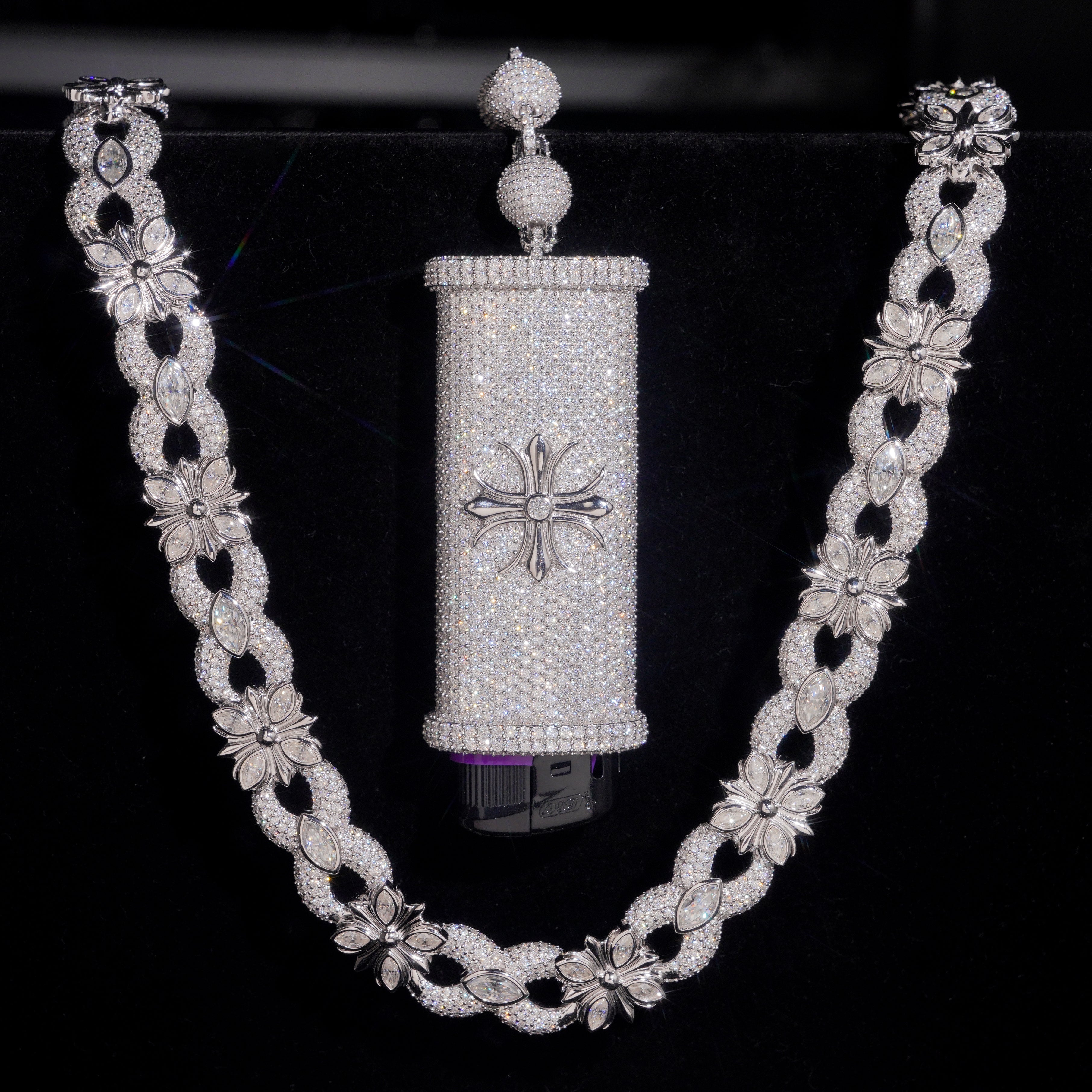 925 Silver Moissanite Diamond 13MM Infinity Key Chain With Iced Lighter Case