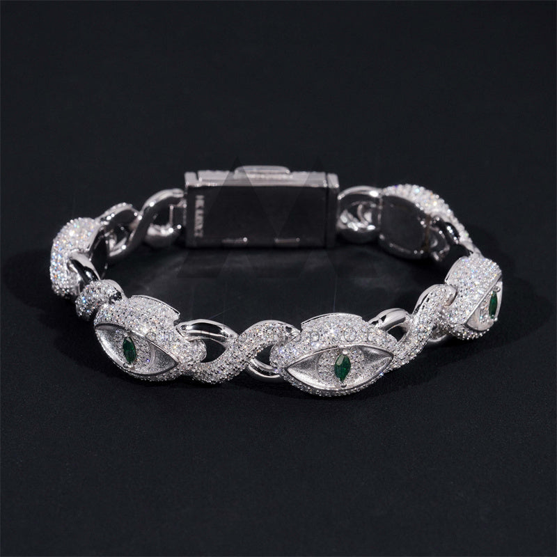 12MM Green Moissanite Evil Eye Link Bracelet For Men Hip Hop Iced Out Solid Silver