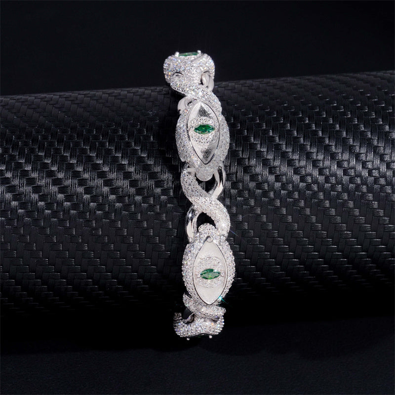 12MM Green Moissanite Evil Eye Link Bracelet For Men Hip Hop Iced Out Solid Silver