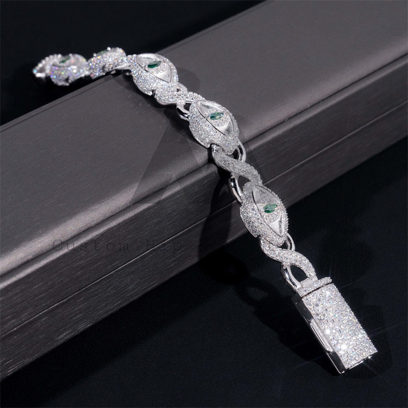 12MM Green Moissanite Evil Eye Link Bracelet For Men Hip Hop Iced Out Solid Silver