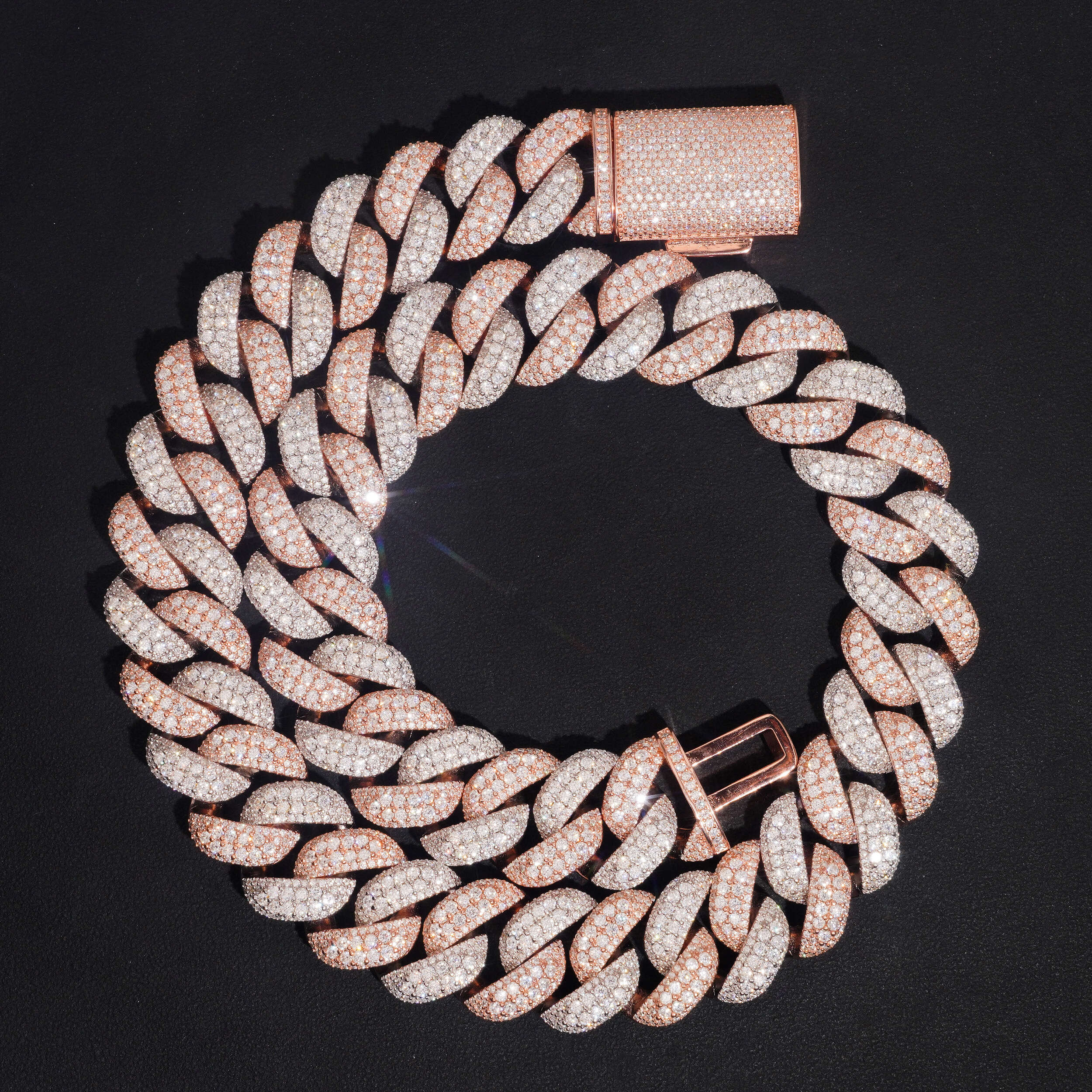 20MM Raised Stone Rose Gold Two Tone Cuban Chain Necklace Hip Hop Moissanite Jewelry