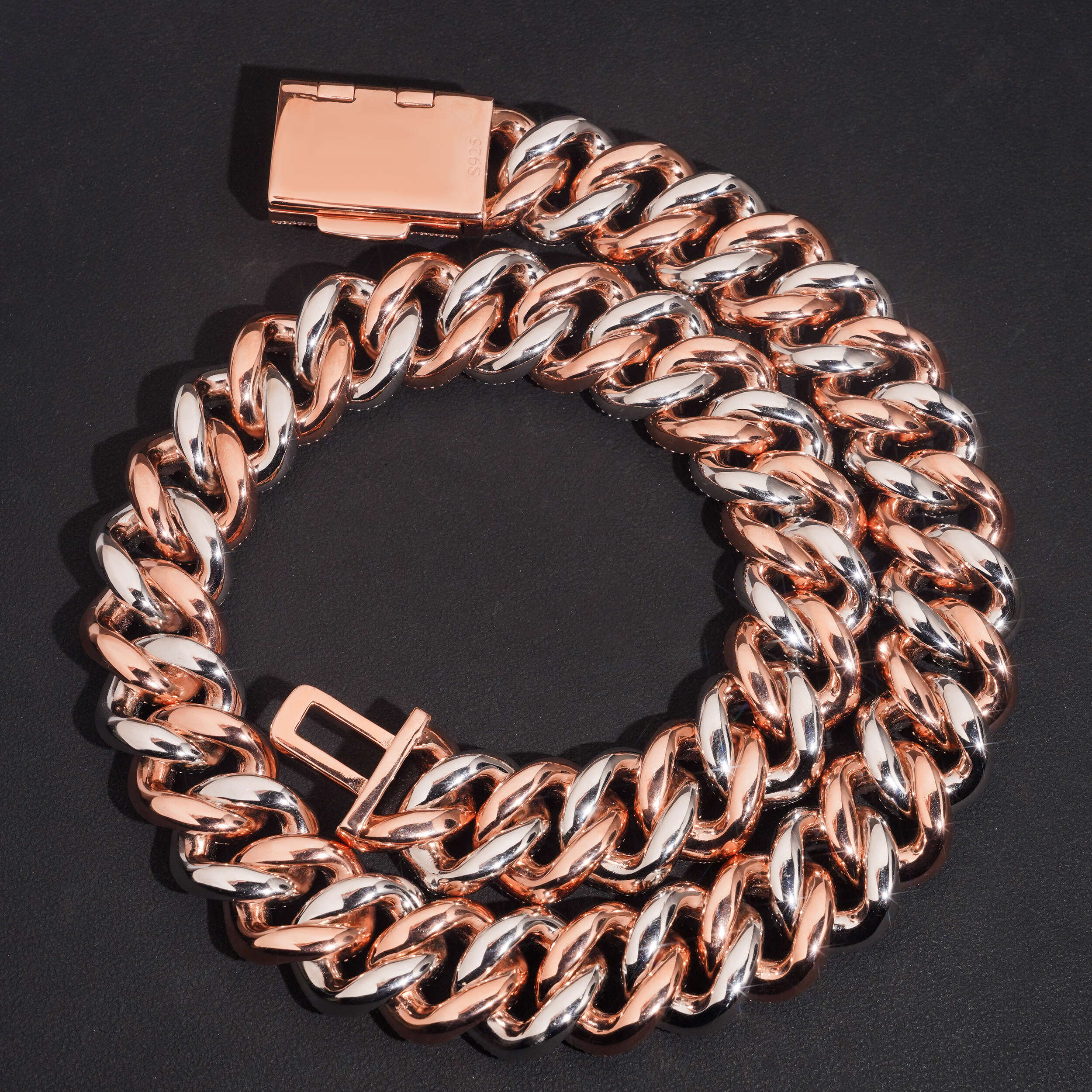 20MM Raised Stone Rose Gold Two Tone Cuban Chain Necklace Hip Hop Moissanite Jewelry