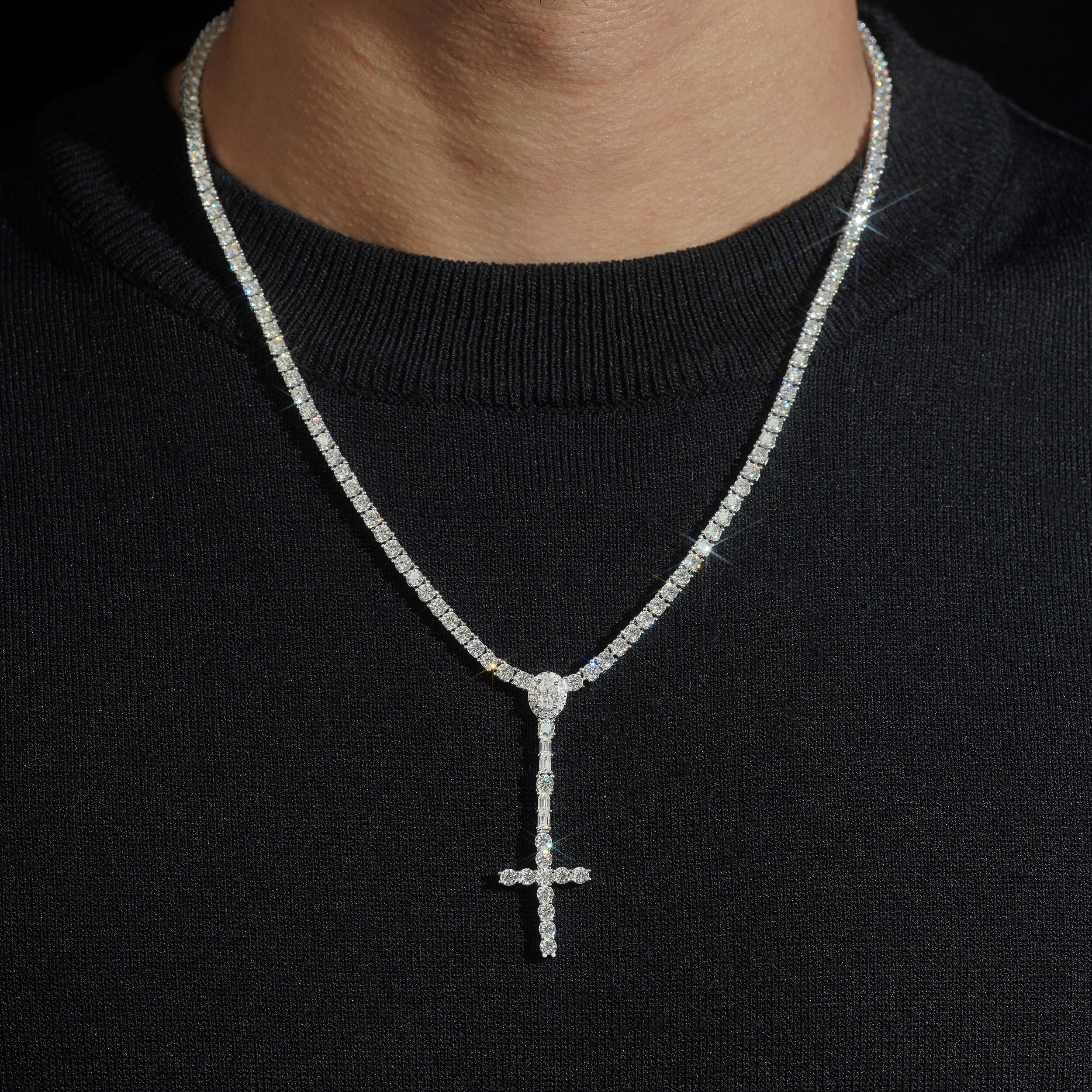 925 Silver Moissanite Diamodn 3MM Rosary Cross Tennis Chain Necklace