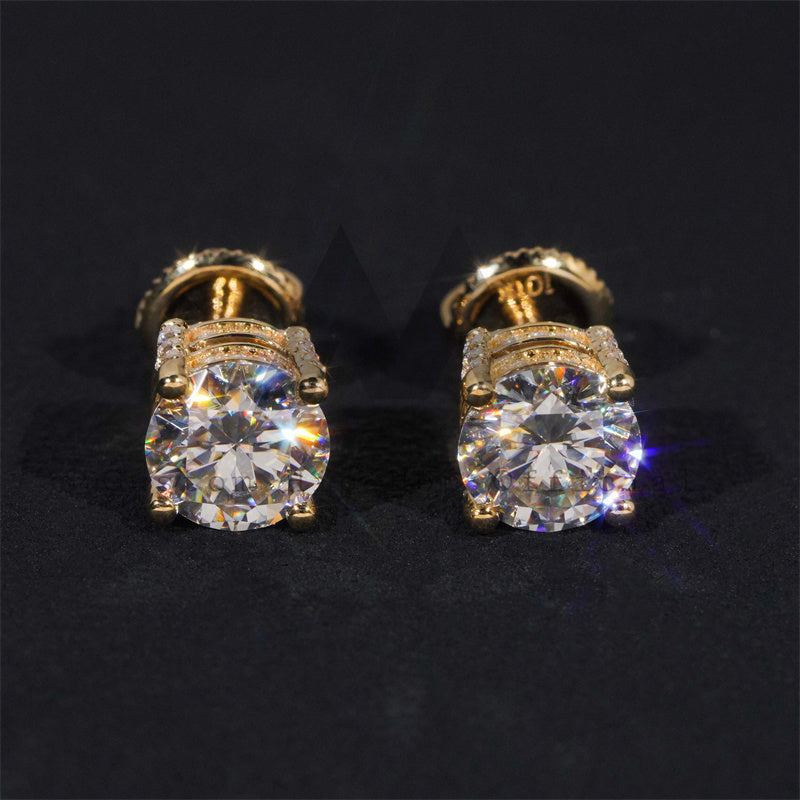 VVS Moissanite 1CT Side Iced Single Stone Studs Earrings Scew Back 10K Real Yellow Gold