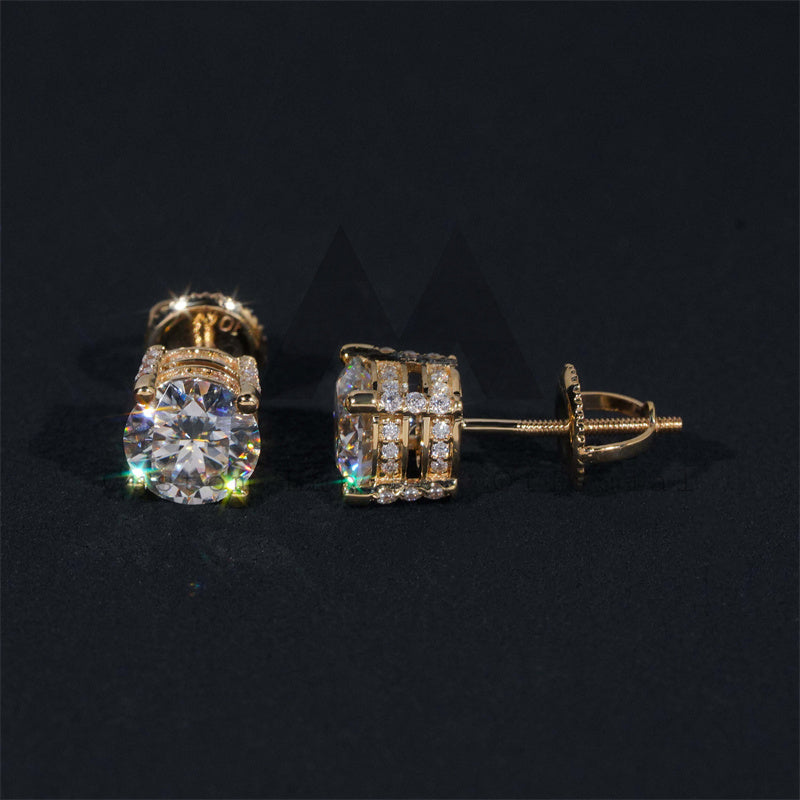 VVS Moissanite 1CT Side Iced Single Stone Studs Earrings Scew Back 10K Real Yellow Gold